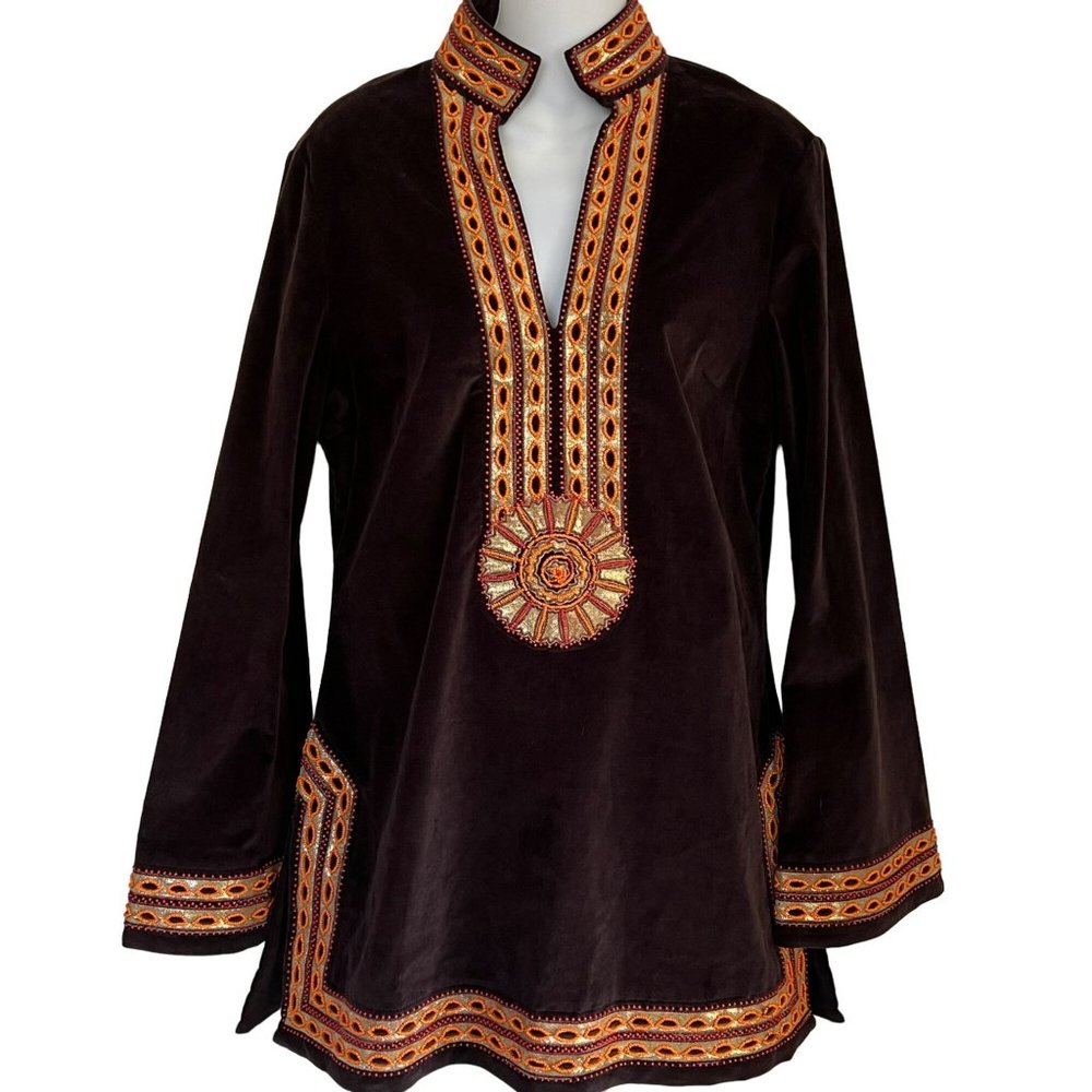 ππ SOLD ππ TORY BURCH BROWN VELVET VINTAGE INSPIRED BEADED TOP - Picture 1 of 13